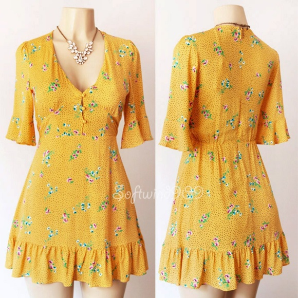 Last☝️Yellow Floral Button Front Ruffle Mini Dress - Picture 2 of 8